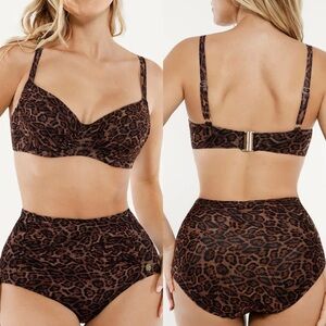 Popilush Leopard Ruched Tummy Control Bikini Set XS Underwire High Waist